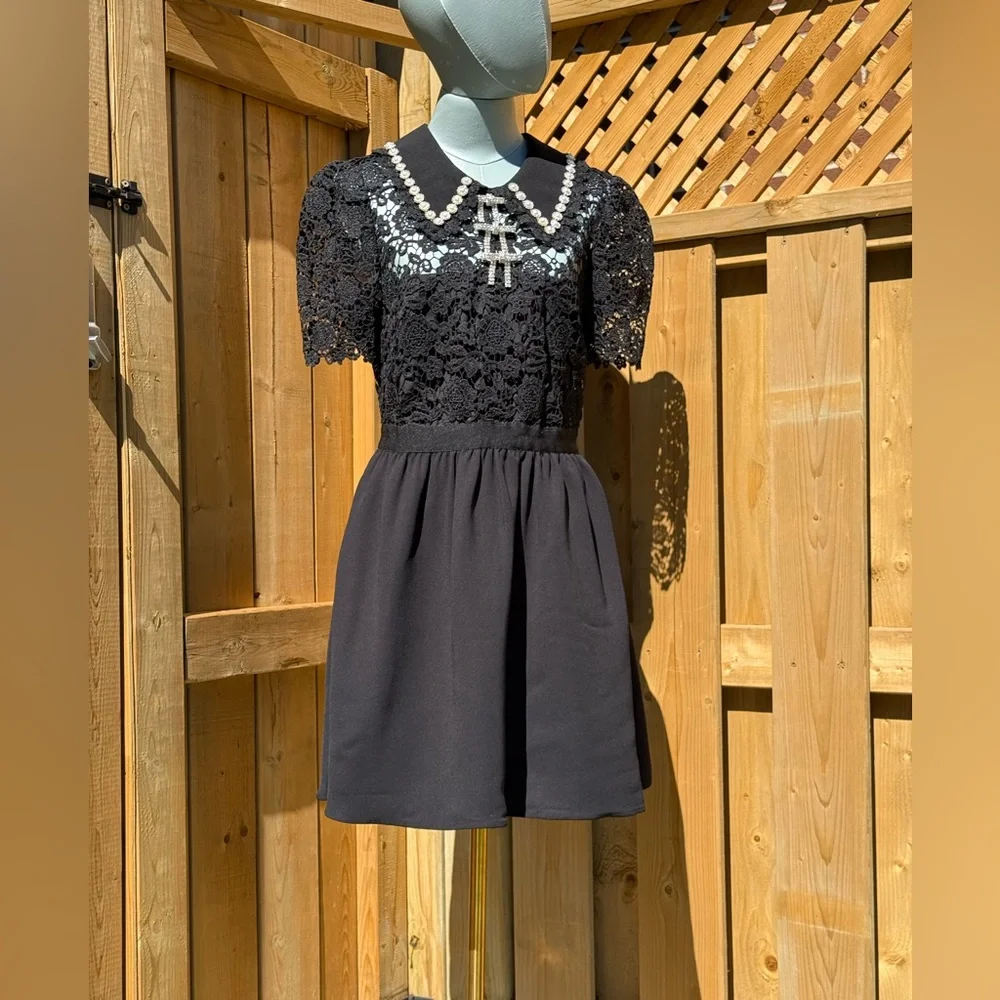 🆕 SELF PORTRAIT 🧿 NWOT Black Guipure Diamante Lace Mini Dress - Sz UK 10 US 6 - Picture 3 of 16